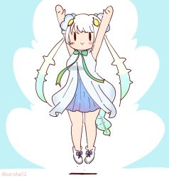 Rule 34 | 1girl, arms up, blue background, bow, bowtie, coroha, dress, fins, fish girl, fish tail, full body, green hair, hair ornament, jumping, kemono friends, long hair, looking at viewer, multicolored hair, shoes, simple background, skirt, skyfish (kemono friends), sleeveless, solo, tail, twintails, two-tone hair, white hair