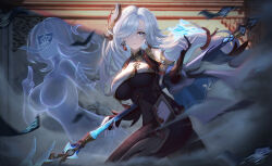 Rule 34 | 1girl, absurdres, black bodysuit, black gloves, bodysuit, commentary request, detached sleeves, earrings, fingerless gloves, genshin impact, gloves, grey eyes, hair ornament, hair over one eye, highres, holding, holding polearm, holding weapon, jewelry, long bangs, long hair, looking at viewer, low-tied long hair, polearm, shenhe (genshin impact), short sleeves, sidelocks, smile, solo, spear, twisted torso, weapon, white hair, yijiufantexi
