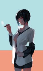 Rule 34 | 1girl, black hair, breasts, collarbone, formal, looking at viewer, necktie, open clothes, red eyes, shirt, smile, smoke, smoking, solo, standing, tianlluo, undressing