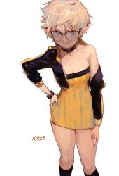 Rule 34 | 00s, 1girl, arm at side, bare shoulders, black-framed eyewear, black jacket, black socks, black nails, blonde hair, blue eyes, breasts, choker, cleavage, collarbone, cowboy shot, creator (dungeon and fighter), cropped jacket, dress, dungeon and fighter, closed eyes, glasses, hand on own hip, highres, jacket, kneehighs, long sleeves, looking at viewer, nail polish, off shoulder, open clothes, open jacket, pointy ears, short hair, simple background, smile, socks, solo, standing, strapless, strapless dress, takssmask, unzipped, white background, wristband, yellow dress
