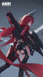 Rule 34 | 1girl, anti-materiel rifle, artist request, ass, ass cutout, black gloves, black thighhighs, bullpup, closed eyes, clothing cutout, fingerless gloves, gloves, goddess of victory: nikke, gun, highres, holding, holding gun, holding weapon, horns, jacket, long hair, long sleeves, looking back, mechanical horns, official art, red hair, red hood (nikke), red jacket, red scarf, revealing clothes, rifle, scarf, second-party source, skindentation, smile, sniper rifle, solo, teeth, thighhighs, very long hair, watermark, weapon