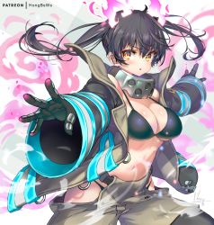 Rule 34 | 1girl, :o, artist name, bikini, black bikini, black coat, black gloves, black hair, blush, breasts, cleavage, coat, collar, cowboy shot, en&#039;en no shouboutai, fire, gloves, hip vent, hong (white spider), large breasts, long hair, long sleeves, looking at viewer, navel, open clothes, open coat, outstretched arms, parted lips, purple fire, solo, stomach, swimsuit, tamaki kotatsu, twintails, v-shaped eyebrows, yellow eyes