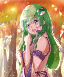 Rule 34 | 1girl, :d, absurdres, autumn, autumn leaves, bare shoulders, blue eyes, blue nails, blue ribbon, blush, collared shirt, commentary request, detached sleeves, earrings, eyes visible through hair, fingernails, forest, frog hair ornament, from side, green hair, gumi (fwjn7284), hair ornament, hair over one eye, hair tubes, hand on own chest, hand to own mouth, hands up, highres, jewelry, kochiya sanae, long fingernails, long hair, looking at viewer, looking to the side, nail polish, nature, nose blush, open mouth, ribbon, sarashi, shirt, sidelocks, sleeveless, sleeveless shirt, smile, snake hair ornament, solo, swept bangs, teeth, touhou, tree, upper body, upper teeth only, white shirt, wide sleeves