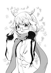 Rule 34 | 1girl, antlers, blush, fang, greyscale, highres, horns, indie utaite, kano (utaite), long sleeves, monochrome, musical note, open mouth, original, scarf, short hair, smile, solo, track suit, yasehattagi