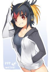 Rule 34 | 10s, 1girl, black hair, black shirt, blonde hair, blush, breasts, character name, cleavage, grin, group name, hand in pocket, headphones, highres, hood, hooded jacket, jacket, kemono friends, large breasts, looking at viewer, multicolored hair, open clothes, open jacket, panties, pantyshot, red eyes, red hair, rockhopper penguin (kemono friends), salute, seramikku, shirt, short hair, simple background, smile, solo, standing, underwear, white panties