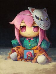 Rule 34 | 1girl, bow, bowtie, buttons, closed mouth, commentary, full body, fumo (doll), ge dazuo, green shirt, hata no kokoro, highres, jitome, long hair, long sleeves, looking at viewer, mask, mask on head, orange skirt, painting (object), pink bow, pink bowtie, pink eyes, pink hair, shirt, sitting, skirt, sleeves past fingers, sleeves past wrists, solo, touhou, traditional bowtie, wide sleeves