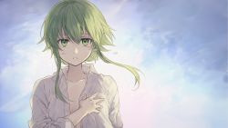 Rule 34 | 1girl, akeno-com, collarbone, collared shirt, crying, crying with eyes open, flat chest, gradient background, green eyes, green hair, grey shirt, gumi, hand on own chest, highres, long sleeves, looking at viewer, md5 mismatch, no bra, open clothes, open shirt, parted lips, resolution mismatch, shirt, short hair with long locks, sidelocks, solo, source smaller, tareme, tears, upper body, vocaloid, wing collar