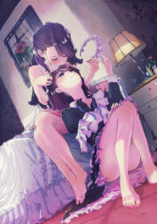 Rule 34 | 2girls, apron, bare arms, bare legs, bare shoulders, barefoot, bed, bedroom, black dress, black hair, blush, brown hair, camisole, closed eyes, closed mouth, collarbone, commentary request, dress, dutch angle, feet, frilled dress, frilled skirt, frills, green eyes, highres, indoors, kagawa yuusaku, kiss, lamp, long hair, long sleeves, looking at another, looking up, maid, maid headdress, multiple girls, nail polish, off shoulder, on bed, on floor, original, painting (object), parted lips, picture frame, pink camisole, pink nails, signature, sitting, skirt, toenails, toes, white apron, yuri