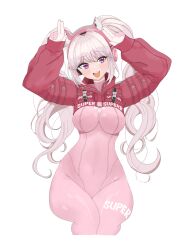 Rule 34 | 1girl, :d, alice (nikke), animal ear headphones, animal ears, audio1114, bodysuit, breasts, covered navel, cropped jacket, cropped legs, fake animal ears, gloves, goddess of victory: nikke, grey hair, headphones, highres, impossible bodysuit, impossible clothes, jacket, latex, latex bodysuit, light blush, long hair, medium breasts, open mouth, pink bodysuit, pink eyes, pink gloves, rabbit pose, red jacket, sidelocks, simple background, skin tight, sleeves past wrists, smile, solo, twintails, two-tone gloves, white background, white gloves