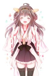 Rule 34 | 10s, 1girl, :d, ^ ^, bad id, bad pixiv id, breasts, brown hair, closed eyes, detached sleeves, frilled skirt, frills, hair ornament, hairband, kantai collection, kongou (kancolle), nontraditional miko, open mouth, ribbon-trimmed sleeves, ribbon trim, simple background, skirt, smile, solo, thighhighs, white background, yatomi, zettai ryouiki
