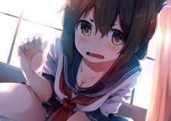 Rule 34 | 1girl, adapted costume, alternate breast size, alternate sleeve length, anchor symbol, bed, black sailor collar, black skirt, brown eyes, brown hair, commentary request, cowboy shot, curtains, folded ponytail, highres, inazuma (kancolle), kantai collection, long hair, looking at viewer, neckerchief, pleated skirt, red neckerchief, sailor collar, school uniform, serafuku, short sleeves, sitting, skirt, solo, straddling, taisho (gumiyuki), window