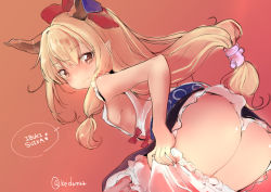 Rule 34 | 1girl, ass, blonde hair, bloomers, bloomers pull, blush, bow, breasts, brown eyes, character name, hair bow, horns, ibuki suika, kedama milk, long hair, looking at viewer, pointy ears, sideboob, simple background, sketch, small breasts, smile, solo, touhou, underwear