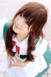 Rule 34 | 1girl, apron, asian, blurry, bow, brown eyes, brown hair, copyright request, cosplay, cosplay photo, depth of field, frills, jewelry, kipi-san, long hair, looking at viewer, maid, maid apron, mole, necklace, outdoors, photo (medium), real life, smile, solo, waist apron, waitress