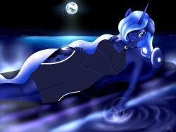 Rule 34 | 1girl, blue eyes, blue skin, breasts, colored skin, dress, female focus, horns, long hair, luna (my little pony), lying, moon, my little pony, my little pony: friendship is magic, night, single horn, solo, very long hair, water, wide hips
