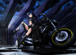 Rule 34 | 10s, 1girl, arm cannon, belt, bikini, bikini top only, black hair, black rock shooter, black rock shooter (character), blue eyes, boots, checkered floor, coat, female focus, floor, from below, full body, glowing, glowing eyes, highres, huge weapon, knee boots, long hair, motor vehicle, motorcycle, navel, outdoors, scar, shorts, sky, solo, star (symbol), swimsuit, sword, twintails, ushas, vehicle, weapon