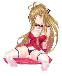 Rule 34 | 10s, 1girl, amagi brilliant park, black panties, blonde hair, boots, breasts, brown eyes, bustier, corsage, fiodo, hair ribbon, light brown hair, long hair, looking at viewer, micro panties, no pants, panties, partially visible vulva, pillow, ribbon, sento isuzu, sitting, solo, spread legs, thigh boots, thighhighs, transparent background, underwear, very long hair, white thighhighs