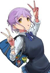 Rule 34 | 1girl, bag charm, bow, bowtie, charm (object), double v, ear piercing, earrings, hair ornament, hairclip, hoop earrings, idolmaster, idolmaster million live!, jewelry, long sleeves, looking at viewer, makabe mizuki, nail polish, ogasawara, piercing, purple hair, red nails, school uniform, shirt, short hair, solo, sweater vest, tongue, tongue out, upper body, v, white background, white shirt, yellow eyes