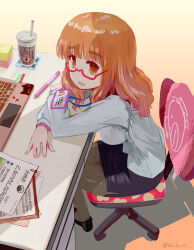 Rule 34 | 1girl, alternate costume, anglerfish, araippe, black footwear, black skirt, blouse, blunt bangs, chair, commentary, computer, cup, desk, disposable cup, dress shirt, emblem, fish, from side, girls und panzer, glasses, grey pantyhose, id card, japanese tankery league (emblem), lanyard, laptop, leaning forward, long hair, long sleeves, looking at viewer, miniskirt, office chair, office lady, on chair, open mouth, orange eyes, orange hair, pantyhose, pen, pencil skirt, red-framed eyewear, semi-rimless eyewear, shirt, shoes, sitting, skirt, smile, solo, sticky note, swivel chair, takebe saori, under-rim eyewear, white shirt, yurikuta tsukumi