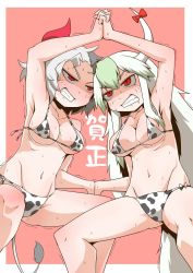2girls, animal print, bangs, bikini, border, breasts, cleavage, commentary request, cow horns, cow print, cow tail, frown, glaring, green hair, grimace, groin, hands together, happy new year, horn ornament, horn ribbon, horns, interlocked fingers, kamishirasawa keine, long hair, looking at another, medium breasts, multiple girls, navel, new year, partial commentary, pink background, print bikini, red eyes, red horns, ribbon, saliva, short hair, side-tie bikini, silver hair, standing, string bikini, sweat, swimsuit, tail, touhou, translated, trembling, ushizaki urumi, v-shaped eyebrows, white bikini, white border, white hair, white horns, wrestling, zannen na hito
