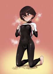 Rule 34 | 1girl, absurdres, aomushi (mushamusha), barefoot, blush, bodystocking, breasts, clothes lift, covered erect nipples, feet, full body, girls und panzer, hair between eyes, highres, isobe noriko, kneeling, lifting own clothes, looking down, shirt, shirt lift, short hair, short sleeves, small breasts, solo, steam, sweat, white shirt, zipper