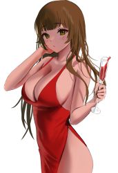 Rule 34 | 1girl, alcohol, bad id, bad twitter id, blunt bangs, blush, breasts, champagne flute, cleavage, cup, dress, drinking glass, green eyes, highres, holding, holding cup, large breasts, long hair, looking at viewer, myabit, original, parted lips, red dress, simple background, solo, white background