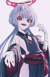 Rule 34 | 1girl, ahoge, bandaged arm, bandaged leg, bandages, bare shoulders, bell, blue archive, cowboy shot, detached sleeves, gauze, gauze on cheek, grey hair, grey sleeves, halo, highres, japanese clothes, jingle bell, long hair, looking at viewer, obi, open mouth, red eyes, red halo, sash, shuro (blue archive), skinny, smirk, solo, yodistira404