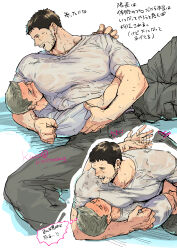Rule 34 | 2boys, bara, black hair, black pants, brown hair, chris redfield, closed eyes, couple, face to pecs, facial hair, highres, kuconoms, large pectorals, looking at another, lying, lying on person, male focus, multiple boys, muscular, muscular male, on back, one eye closed, pants, pectoral press, pectorals, piers nivans, resident evil, resident evil 6, see-through, shirt, short hair, smile, sweaty clothes, translation request, twitter username, wet, wet clothes, wet shirt, white shirt, yaoi