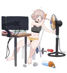 1girl absurdres adidas artist_name barefoot blue_eyes bottle brand_name_imitation breasts carlo_montie character_doll crumpled_paper cum desk despicable_me dumbbell electric_fan full_body grey_sports_bra hatsune_miku highres indie_virtual_youtuber jar light_brown_hair marimari_(vtuber) minion_(despicable_me) monitor navel open_mouth panties print_panties short_hair simple_background small_breasts solo sports_bra sweat tenga tissue_box underwear virtual_youtuber vocaloid water_bottle white_background yellow_panties