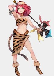 Rule 34 | 1girl, animal hat, animal print, arm up, armpits, axe, bare shoulders, battle axe, bell, neck bell, berserker (final fantasy), breasts, chienon, cleavage, collar, final fantasy, final fantasy v, full body, green eyes, hat, highres, holding, holding axe, holding weapon, jingle bell, legs apart, lenna charlotte tycoon, pink hair, red collar, short hair, skirt, small breasts, solo, standing, tail, tiger hat, tiger print, tiger tail, weapon, white background