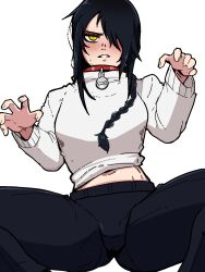 Rule 34 | 1girl, alternate breast size, black hair, black pants, blush, braid, breasts, chainsaw man, claw pose, clenched teeth, clothes lift, commentary, hair over one eye, hair over shoulder, highres, large breasts, mark gavatino, navel, nayuta (chainsaw man), pants, ringed eyes, single braid, solo, spread legs, sweatdrop, sweater, sweater lift, teeth, white sweater, yellow eyes