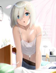 Rule 34 | 1girl, :o, absurdres, alternate costume, bare arms, bare shoulders, black panties, black pantyhose, blue eyes, breasts, calendar (object), camisole, chair, cleavage, clock, clothes pull, curtains, desk lamp, flower, glass, hair ornament, hair over one eye, hairclip, hamakaze (kancolle), highres, indoors, kantai collection, lamp, leaning forward, looking at viewer, medium breasts, panties, pantyhose, pantyhose pull, silver hair, skirt, skirt pull, solo, strap slip, suzuharu toufu, underwear, water, wind
