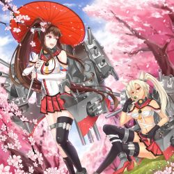 Rule 34 | 10s, 2girls, ammunition, ankle boots, blonde hair, blush, boots, breasts, brown eyes, brown hair, budget sarashi, cannon, cherry blossoms, dango, dark-skinned female, dark skin, detached sleeves, fingerless gloves, flower, food, glasses, gloves, hair flower, hair ornament, headgear, kantai collection, large breasts, long hair, miniskirt, multiple girls, musashi (kancolle), navel, oil-paper umbrella, open mouth, pc9527, personification, petals, ponytail, red eyes, sarashi, short hair, short twintails, single thighhigh, sitting, skirt, smile, thighhighs, tree, turret, twintails, two side up, umbrella, very long hair, wagashi, yamato (kancolle), zettai ryouiki