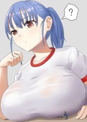 Rule 34 | 1girl, 3boys, ?, aoigai, blazer, blue hair, breast crush, breasts, brown eyes, collarbone, commentary request, expressionless, giant, giantess, grey background, gym shirt, highres, holding, jacket, large breasts, mini person, miniboy, multiple boys, original, pants, ponytail, school uniform, shirt, short sleeves, sidelocks, size difference, spoken question mark, sweat, white shirt
