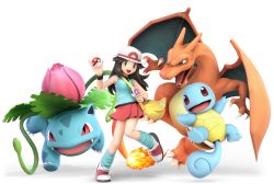 Rule 34 | 1girl, absurdres, bag, blue shirt, brown hair, charizard, creatures (company), fire, flame-tipped tail, flower, full body, game freak, gen 1 pokemon, hat, highres, huge filesize, ivysaur, leaf (pokemon), leg warmers, long hair, looking at viewer, miniskirt, nintendo, official art, open mouth, poke ball, pokemon, pokemon (creature), pokemon frlg, shell, shirt, shoes, skirt, sleeveless, smile, sneakers, squirtle, super smash bros., tail, tank top, tentacles, transparent background, wings
