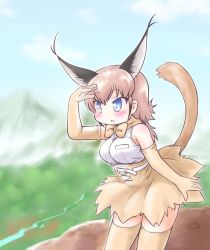 Rule 34 | 10s, 1girl, animal ears, arm up, artist logo, belt, blue eyes, blue sky, blush, bow, bowtie, brown bow, brown bowtie, brown gloves, brown hair, brown skirt, brown thighhighs, caracal (kemono friends), cross-laced clothes, day, elbow gloves, extra ears, gloves, high-waist skirt, highres, kemono friends, long hair, mountain, outdoors, shirt, skirt, sky, sleeveless, sleeveless shirt, solo, tail, thighhighs, traditional bowtie, uho (uhoyoshi-o), white belt