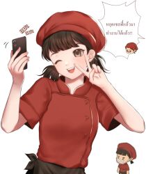 Rule 34 | 2girls, anger vein, brown eyes, brown hair, cellphone, chibi, chibi inset, eyebrows hidden by hair, fyirkingdomsis, hat, highres, holding, holding phone, multiple girls, my hotpot story, one eye closed, open mouth, phone, red headwear, selfie, smartphone, smile, solo focus, thai text, translation request, twintails, upper body, v