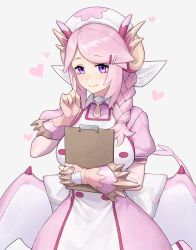 Rule 34 | 1girl, allen.n, blush, braid, breasts, choker, clipboard, closed mouth, commentary request, dragon girl, dragon horns, dragon wings, dragonmaid (yu-gi-oh!), dress, duel monster, fingerless gloves, gloves, hair ornament, hairclip, hat, heart, highres, holding, horns, long hair, nurse, nurse cap, nurse dragonmaid, pink hair, puffy sleeves, purple eyes, smile, tail, wings, yu-gi-oh!