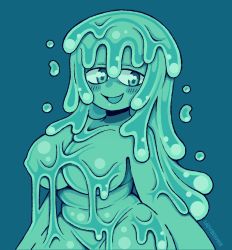 Rule 34 | 1girl, artist name, blue background, blush, breasts, green eyes, green hair, ishuzoku reviewers, lady beemer, large breasts, long hair, looking at viewer, lymee, monster girl, open mouth, plump, simple background, slime (substance), slime girl, smile, solo