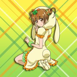 Rule 34 | 1girl, blunt bangs, boots, brown eyes, brown hair, closed mouth, clover hair ornament, cone hair bun, dokidoki! precure, double bun, dress, frilled dress, frills, full body, gradient background, green background, hair bun, hair ornament, kneeling, looking at viewer, nita (onakatohoppe), precure, short dress, short hair, short sleeves, smile, solo, white dress, white footwear, yellow background, yotsuba alice