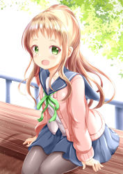 Rule 34 | 1girl, :d, blonde hair, blue sailor collar, blue skirt, blush, cardigan, commentary request, green eyes, green ribbon, grey pantyhose, highres, inose mai, koisuru asteroid, long hair, long sleeves, looking at viewer, neck ribbon, on bench, open cardigan, open clothes, open mouth, pantyhose, pink cardigan, pleated skirt, ponytail, railing, ribbon, sailor collar, shirt, sitting, skirt, sleeves past wrists, smile, solo, thick eyebrows, very long hair, white shirt, xenon (for achieve)
