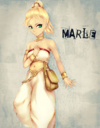 Rule 34 | 1990s (style), 1girl, armlet, bad id, bad pixiv id, bag, bare shoulders, blonde hair, bracelet, choker, chrono (series), chrono trigger, female focus, gradient background, green eyes, highres, infinote, jewelry, marle (chrono trigger), necklace, ponytail, retro artstyle, satchel, solo