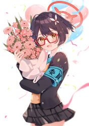 Rule 34 | 1girl, armband, ayane (blue archive), azisai, black hair, blazer, blue archive, blue necktie, blush, bouquet, collared shirt, commentary request, cowboy shot, flower, glasses, hair flower, hair ornament, halo, highres, holding, holding bouquet, jacket, long sleeves, miniskirt, necktie, open mouth, orange eyes, petals, pleated skirt, pointy ears, red-framed eyewear, red halo, school uniform, shirt, short hair, skirt, smile, solo, sweater vest, white shirt