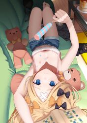 Rule 34 | 1girl, abigail williams (fate), absurdres, bandaid, bandaid on face, bandaid on forehead, bare shoulders, black bow, black cat, black jacket, blonde hair, blue eyes, blue shorts, blush, book, bow, breasts, camisole, cat, collarbone, couch, crossed bandaids, denim, denim shorts, downblouse, fate/grand order, fate (series), forehead, hair bow, highres, jacket, long hair, looking at viewer, lying, on back, orange bow, parted bangs, polka dot, polka dot bow, shiro ami, short shorts, shorts, small breasts, solo, stuffed animal, stuffed toy, teddy bear, thighs, unworn jacket, upside-down, white camisole