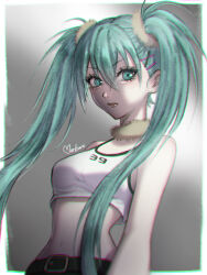 Rule 34 | 1girl, angry, artist name, belt, black belt, border, breasts, brown choker, choker, clip studio paint (medium), commentary, crop top, floating hair, fur choker, grey background, hair behind ear, hair between eyes, hair ornament, hairclip, hatsune miku, highres, leaning back, looking at viewer, makuroillust, medium breasts, midriff, navel, outside border, solo, twintails, upper body, v-shaped eyebrows, vocaloid, white border