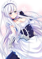 Rule 34 | 1girl, apron, azur lane, belfast (azur lane), blue eyes, braid, breasts, chain, cleavage, closed mouth, collar, collarbone, corset, french braid, frilled apron, frills, gloves, kitsuneco, large breasts, maid, maid apron, maid headdress, pink background, silver hair, solo, two-tone background, white apron, white background, white gloves