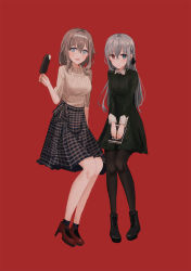 Rule 34 | 2girls, :d, black dress, black footwear, black legwear, black ribbon, blue eyes, blue sky, blush, book, boots, braid, breasts, brown hair, brown sweater, chihuri, closed mouth, collared dress, cross-laced footwear, dress, eve (chihuri), food, hair between eyes, hair ribbon, hairband, heterochromia, high heels, highres, holding, holding food, ice cream, lace-up boots, long hair, long sleeves, medium breasts, multiple girls, open mouth, original, pantyhose, plaid, plaid skirt, red background, red eyes, red footwear, renata alekseevna tsvetaeva, ribbed sweater, ribbon, shoes, short sleeves, silver hair, simple background, sitting, skirt, sky, small breasts, smile, socks, sweater, very long hair, white hairband