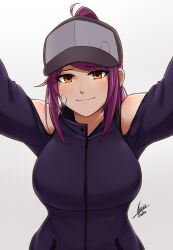 Rule 34 | 1girl, absurdres, airisubaka, artist name, bandaid, bandaid on cheek, bandaid on face, baseball cap, breasts, clothing cutout, commentary, english commentary, eyes visible through hair, folded ponytail, gradient background, grey background, hat, highres, jacket, large breasts, leah (airisubaka), long hair, long sleeves, looking at viewer, orange eyes, original, outstretched arms, purple hair, purple jacket, reaching, reaching towards viewer, shoulder cutout, signature, simple background, smile, solo, upper body, white background, zipper pull tab