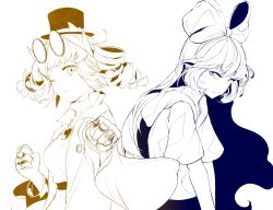 Rule 34 | 2girls, back-to-back, bangle, belt, blue theme, bow, bracelet, clenched hand, commentary request, debt, dress, drill hair, hair bow, hair ribbon, hat, hat bow, hi you (flying bear), highres, incoming attack, incoming punch, jacket, jewelry, long hair, looking at viewer, multiple girls, multiple monochrome, one eye closed, pendant, punching, incoming punch, ribbon, ring, siblings, sisters, top hat, touhou, twin drills, white background, yellow theme, yorigami jo&#039;on, yorigami shion