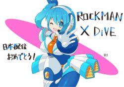 Rule 34 | 1girl, android, blue eyes, blue hair, blush, breasts, copyright name, dated, hair between eyes, looking at viewer, mega man (series), mega man x (series), mega man x dive, microphone, one eye closed, open mouth, outstretched hand, rico (mega man), side ponytail, solo, tobitori