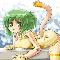 Rule 34 | 10s, 1girl, :d, bad id, bad pixiv id, bare shoulders, blush, breast rest, breasts, busou shinki, clothing cutout, cowboy shot, dd (ijigendd), doll joints, eyes visible through hair, fang, from side, gloves, green eyes, green hair, joints, large breasts, leotard, looking at viewer, lying, maochao, matching hair/eyes, on stomach, open mouth, short hair, smile, solo, straddling, tail, tail through clothes, thighhighs, yellow gloves, yellow thighhighs